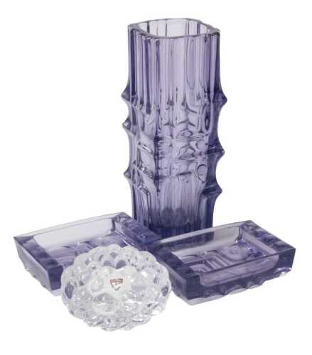 A Czech amethyst tinted vase, possibly by Vladislav Urban for Sklo Union, of square ribbed form,...