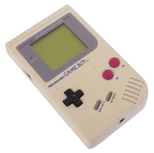 A 1980s Nintendo Game Boy, model number DMG-01, with Tetris game.