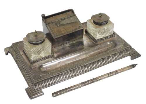 A James Deakin and Sons Sheffield plate desk stand, of rectangular form, with central raised...