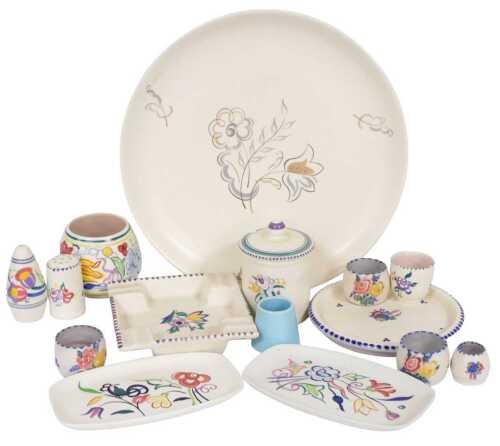 A group of Poole Delphis pottery, to include condiment pot and cover, 12cm high, various egg...