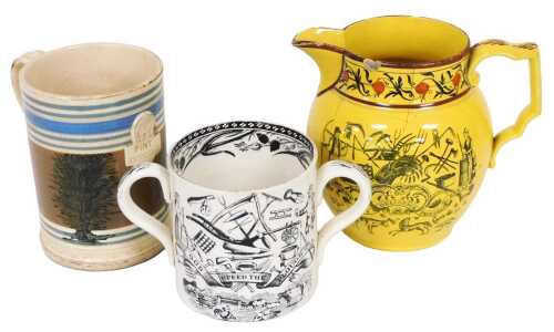 A group of 19thC pottery, comprising a God Speed the Plough loving cup, Victorian Moccaware pint...