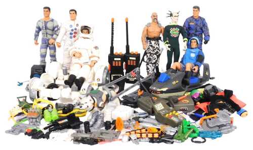 Action Man related items, to include dolls, one in an astronaut outfit, a wolf drawn snowmobile,...