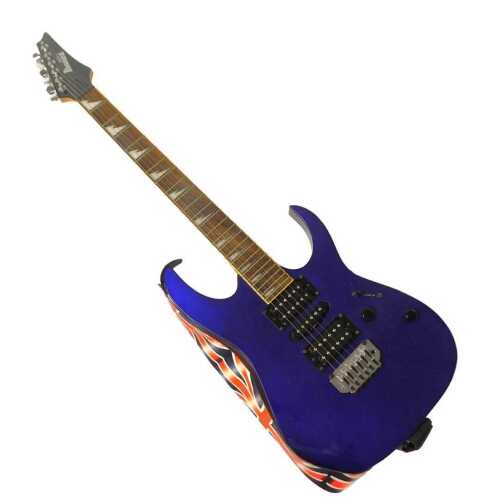 A Gio Ibanez electric guitar, GRG170DX, in blue, with Union Jack strap, 96cm high, with cable...