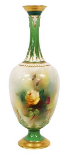 A Royal Worcester porcelain vase, of shouldered form with elongated neck, painted to the body...