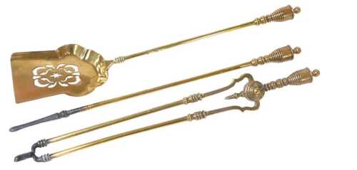 Three 19thC brass fireside implements, comprising a shovel, tongs, and a poker, each with a...