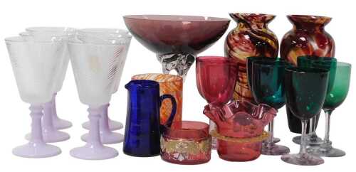 A Jozefina Krosno amber and a clear glass comport, raised on a double scroll stem, together with...
