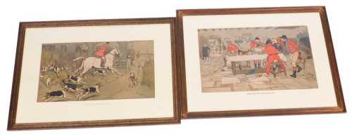 After Cecil Aldin. The Hunt Breakfast, print, 60cm x 35cm, together with Huic Holloa! Huic...