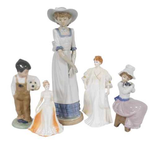 A group of porcelain figures, comprising Coalport Chantilly Lace Attraction, and Debutant Faye,...