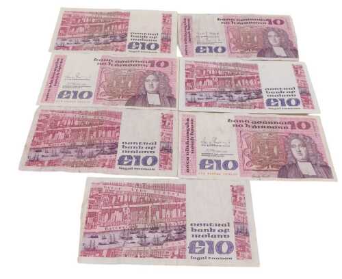 Seven late 20thC Irish ten pound notes, each for cashier Joneth Swift, circa 1987-1991.