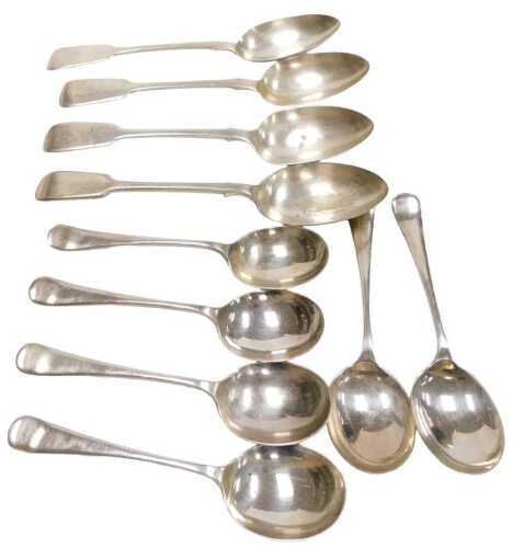 Three William IV silver Fiddle pattern serving spoons, each bearing the initial EW, London 1836,...