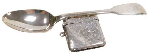 Two items of small silver, comprising a Victorian Fiddle pattern teaspoon, bearing crest and...