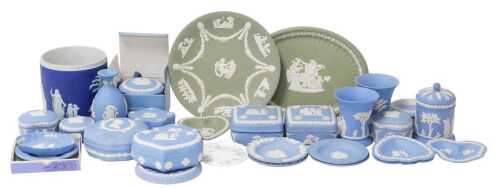 A group of Wedgwood Jasperware, in light and dark blue, and green, including dressing table...