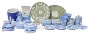 A group of Wedgwood Jasperware, in light and dark blue, and green, including dressing table...