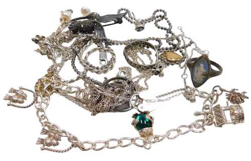 A collection of silver and other jewellery, comprising silver and marcasite kingfisher brooch,...