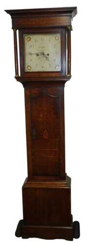A 19thC oak cased longcase clock, the square enamel dial bearing Arabic numerals for Sharman...