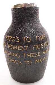 A Doulton Lambeth stoneware leather jug, with a silver mount, to tube line decorated "Here's to... - 2