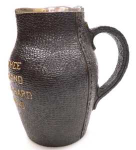 A Doulton Lambeth stoneware leather jug, with a silver mount, to tube line decorated "Here's to... - 3
