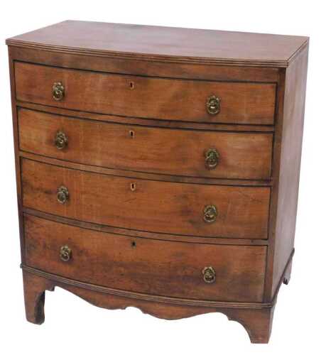 A 19thC mahogany bow front chest, of four long drawers, raised on bracket feet, 102cm high, 90cm...