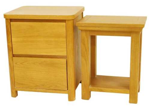 A contemporary oak two drawer bedside table, 55cm high, 41cm wide, 37cm deep, together with a...