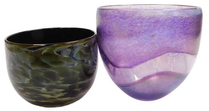 A Robert Held amethyst Art Glass vase, with clear and mottled wavy banded decoration, etched...