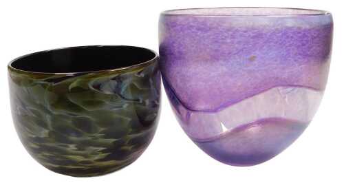 A Robert Held amethyst Art Glass vase, with clear and mottled wavy banded decoration, etched...