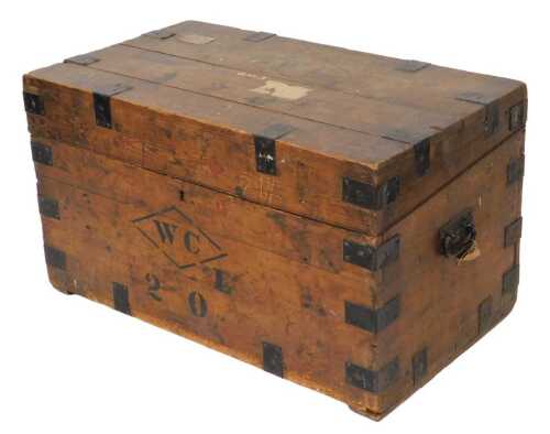 A 19thC pine travel trunk, with steel strapwork supports, 100cm wide.