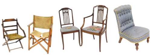 Two folding chairs, and two Edwardian bedroom chairs, together with a Victorian nursing chair. (5)