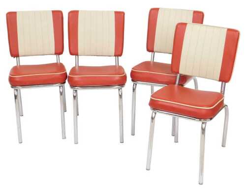 A set of four 1950s style diner kitchen chairs, in red and white, vinyl upholstery.