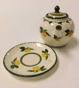 A Perret-Gentil of Merton miniature pottery teapot, decorated with oranges, a cup and saucer and... - 3