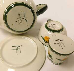 A Perret-Gentil of Merton miniature pottery teapot, decorated with oranges, a cup and saucer and... - 5