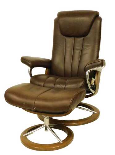 A Stressless type brown vinyl finish swivel chair and stool. (2)
