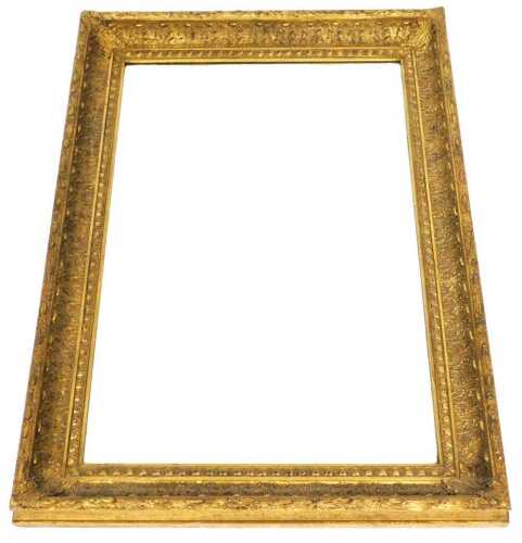 A giltwood picture frame, set with a later bevelled glass mirror plate, 102cm x 80cm.