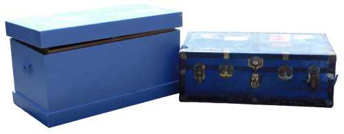 A blue painted pine and mahogany tool chest, with tray to interior, 94cm wide, and a blue cabin...