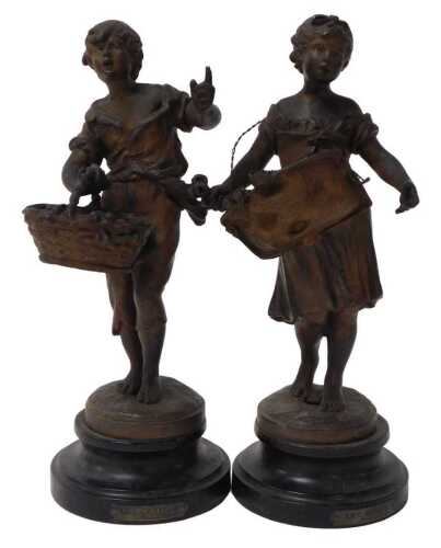 A pair of late 19thC French spelter figures, after Auguste Moreau, named as Les Crises, and Les...