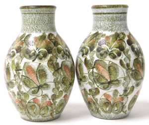 A Bourne Denby Danesby ware pottery jug, relief decorated with pink flowers, and a printed mark,... - 2