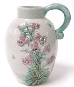 A Bourne Denby Danesby ware pottery jug, relief decorated with pink flowers, and a printed mark,... - 4