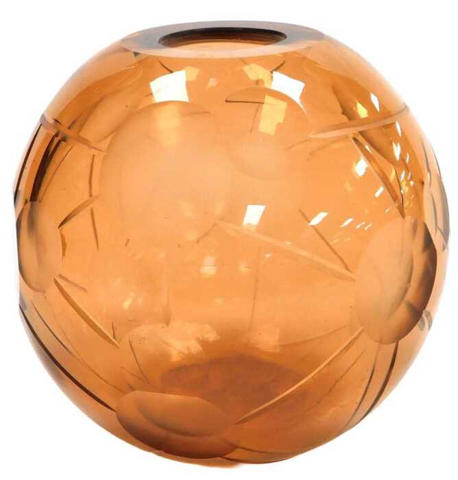 An Art Deco pale amber glass vase, of spherical form, engraved with linked circular motifs,...