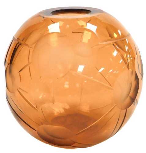 An Art Deco pale amber glass vase, of spherical form, engraved with linked circular motifs,...