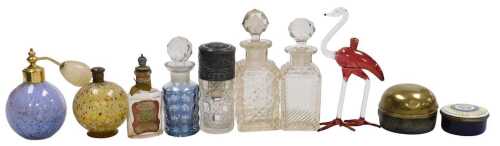 A group of early 20thC scent bottles, French cut glass and plated atomiser, a French scent...
