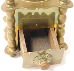A 20thC Dutch brass coffee grinder, with a single frieze drawer, raised on a serpentine base, on... - 4