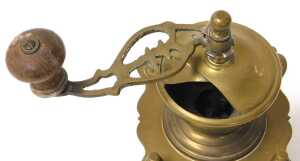 A 20thC Dutch brass coffee grinder, with a single frieze drawer, raised on a serpentine base, on... - 5
