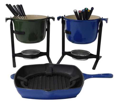 A Le Creuset blue enamel griddle pan, with internal liner, and two Le Creuset fondant sets, in...