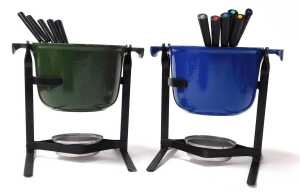 A Le Creuset blue enamel griddle pan, with internal liner, and two Le Creuset fondant sets, in... - 2