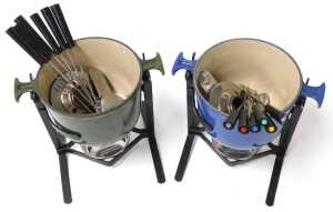 A Le Creuset blue enamel griddle pan, with internal liner, and two Le Creuset fondant sets, in... - 3