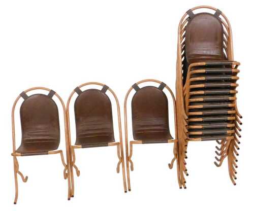 A set of fifteen mid century industrial Stak-A-Bye chairs, by Sebel, with brown leatherette seats.