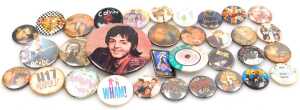 A collection of 1980s pop group badges, including The Police, Heaven 17, ACDC, Wham, Bow Wow Wow,... - 2