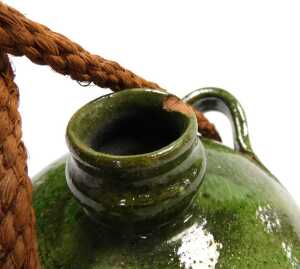 A 19thC French Provincial green glaze pottery conscience jug, green glazed, with four loop... - 3