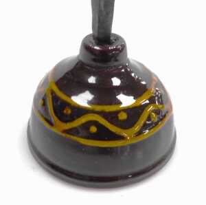 A late 18thC wrought iron rush light candle holder, raised on a brown domed slipware base, 36cm... - 3
