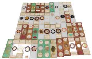 A box of late 19thC microscope slides, with botanical and other specimens.
