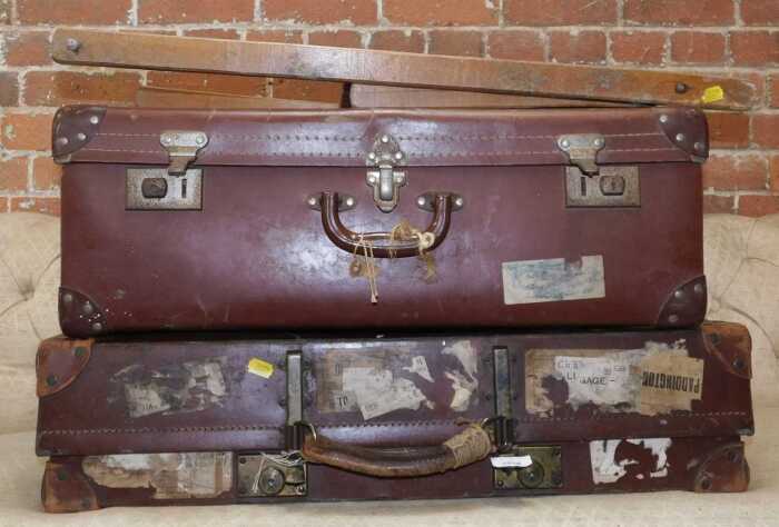 Two suitcases, together with a deckchair foot rest. (3)